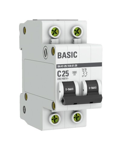 Автоматический выключатель 2P 25А (C) 4,5кА ВА 47-29 Basic (mcb4729-2-25C). Автоматический выключатель. EKF в Ростове-на-Дону