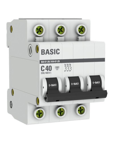 Автоматический выключатель 3P 40А (C) 4,5кА ВА 47-29 Basic (mcb4729-3-40C). Автоматический выключатель. EKF в Ростове-на-Дону
