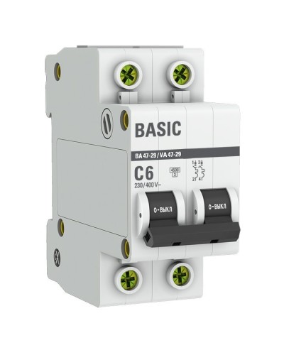 Автоматический выключатель 2P 6А (C) 4,5кА ВА 47-29 Basic (mcb4729-2-06C). Автоматический выключатель. EKF в Ростове-на-Дону