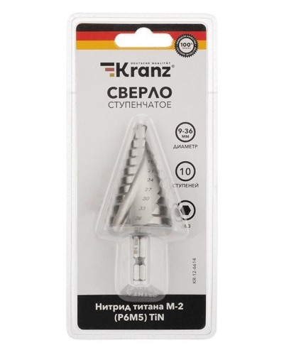 Сверло по металлу ступенчатое ТИТАН 9,0-36,0 мм 110 mm 65 HRC Р6М5 TiN Kranz (KR-12-6614): Сверло по металлу шлифованное в Ростове-на-Дону