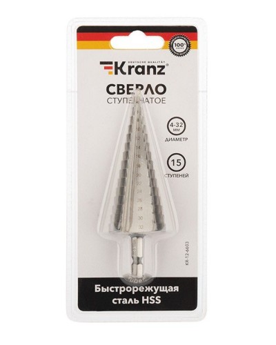 Сверло по металлу ступенчатое 4,0-32,0 мм 102 mm 62 HRC Kranz (KR-12-6603): Сверло по металлу шлифованное в Ростове-на-Дону